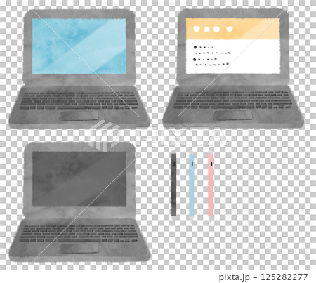 Set of watercolor textured illustrations of a front view open laptop and a touch pen 125282277