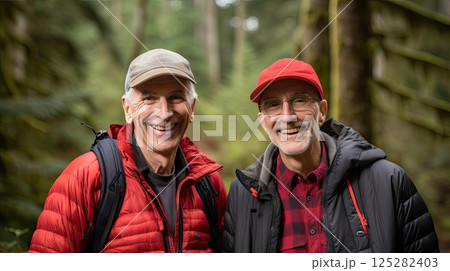 Despite the passage of time, these two adventurers embrace the thrill of hiking. With backpacks and beaming faces, they traverse trails, proving that age is merely a number when it comes to embracing 125282403