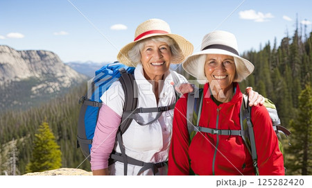 Active lifestyle of these retired women as they embrace the joy of backpacking. Surrounded by nature's wonders, they radiate happiness and inspire others to pursue their passions, regardless of age. Active lifestyle of these retired women as they embrace the joy of backpacking. Surrounded by nature's wonders, they radiate happiness and inspire others to pursue their passions, regardless of age. 125282420