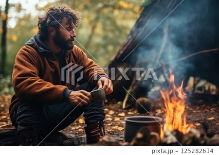 Escape from the bustle of the big city. A middle aged Caucasian man brews coffee over a fire in the forest. Travel, tourism and camping. Solitude in the forest with your thoughts. Escape from the bustle of the big city. A middle aged Caucasian man brews coffee over a fire in the forest. Travel, tourism and camping. Solitude in the forest with your thoughts. 125282614