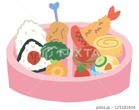 ピンクのお弁当箱とおかず（お箸なし） 125282656