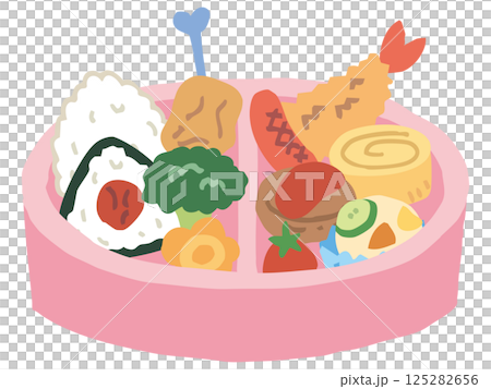 ピンクのお弁当箱とおかず（お箸なし） 125282656