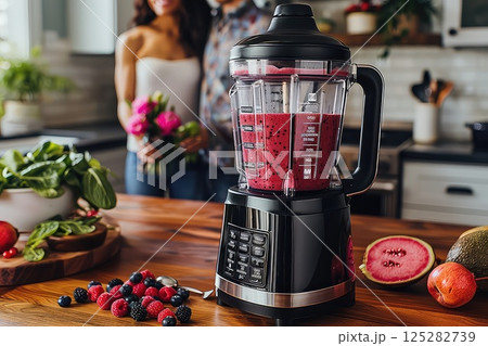 Handsome Young couple are making a smoothie in the kitchen. Happy couple are preparing healthy organic beverage. The couple laughs as they mix fresh ingredients for smoothies. 125282739