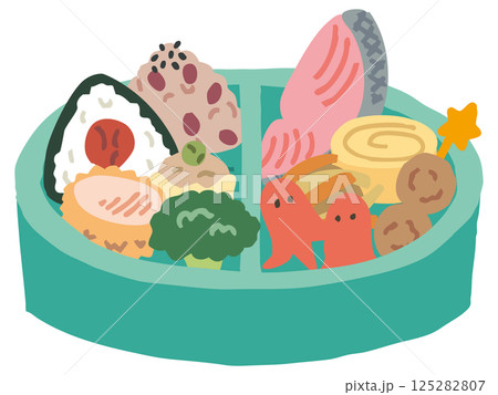 緑色のお弁当箱とおかず（お箸なし） 125282807