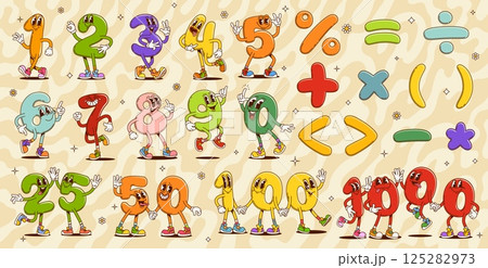 Cartoon groovy math number characters, vector kids education. Retro hippie color mathematics numbers and arithmetic symbols with happy smiling faces on psychedelic groovy pattern with hippy daisies 125282973