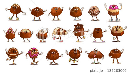 Groovy chocolate candy and sweets characters, vector retro dessert food. Cartoon psychedelic chocolate candy, praline and truffle personages. Groovy round, square, heart and seashell shaped bonbons Groovy chocolate candy and sweets characters, vector retro dessert food. Cartoon psychedelic chocolate candy, praline and truffle personages. Groovy round, square, heart and seashell shaped bonbons 125283003