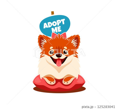 Adopt me icon with dog pet on pillow with happy muzzle and tongue out, vector cartoon sign. Adopt a dog badge with cute cheerful puppy for pets adoption banner or animal shelter poster 125283041