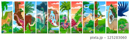 Cartoon dinosaur and baby dino in egg characters collage. Vector cute mammoth, velociraptor, diplodocus and stegosaurus dinosaur personages with prehistoric jungle, volcano and waterfall background Cartoon dinosaur and baby dino in egg characters collage. Vector cute mammoth, velociraptor, diplodocus and stegosaurus dinosaur personages with prehistoric jungle, volcano and waterfall background 125283060