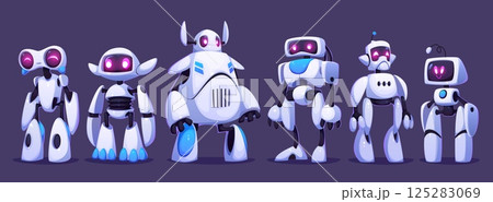 Futuristic robots or cartoon droid mascot characters and cosmic monsters, vector alien cyber bots. Funny digital droids and futuristic robots with display faces, cute electronic creature characters 125283069