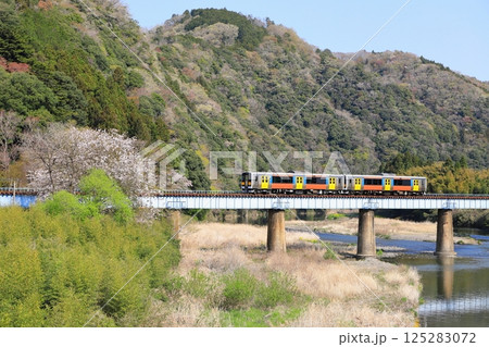 水郡線「徐々に色づく4月上旬の山間部風景と列車」 水郡線「徐々に色づく4月上旬の山間部風景と列車」 125283072