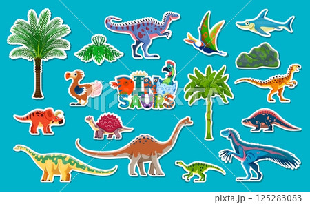 Prehistoric dinosaur stickers featuring dino species and plants. Isolated vector set of sticky patches with terrain, aquatic and flying ancient reptile animals, egg, lush palm trees, ferns and rocks 125283083