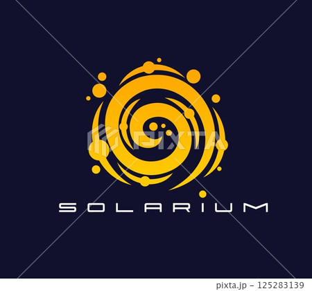 Solarium sun icon for tanning salon, summer beach and SPA, vector emblem. Solarium icon of spiral sun with yellow shine sparkles twist for skincare cosmetics brand or tanning studio and summer resort 125283139