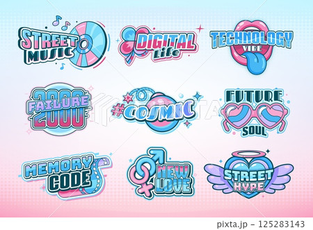 Y2k icons, nostalgic stickers and phrases set. Street music, digital life, technology vibe, styled with glossy effects, pastel gradients, and retro futuristic early 2000s digital culture aesthetics 125283143