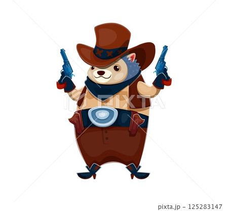 Hedgehog cowboy or Western sheriff and robber bandit with revolver guns, vector cartoon character. Funny hedgehog animal in cowboy hat and kerchief as Western ranger or Texas sheriff and outlaw robber 125283147