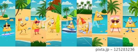 Nachos chips characters on summer vacation at ocean or sea beach, vector cartoon collage. Funny happy nacho chips, playing volleyball, tanning in the sun and snorkeling or swimming on tropical island Nachos chips characters on summer vacation at ocean or sea beach, vector cartoon collage. Funny happy nacho chips, playing volleyball, tanning in the sun and snorkeling or swimming on tropical island 125283236