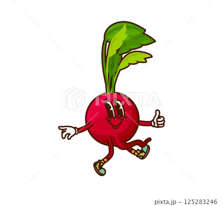 Cartoon groovy radish vegetable character on summer vacation giving a thumbs up with happy expression. Isolated vector ripe veggie retro personage wearing hippie sneakers having fun with joyful twist 125283246