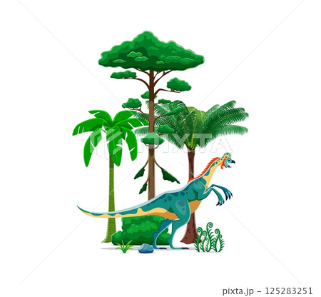 Oviraptor prehistoric dinosaur character in natural landscape with ferns and trees. Isolated cartoon vector ancient reptile animal, bird like theropod dino that lived during the Late Cretaceous period Oviraptor prehistoric dinosaur character in natural landscape with ferns and trees. Isolated cartoon vector ancient reptile animal, bird like theropod dino that lived during the Late Cretaceous period 125283251