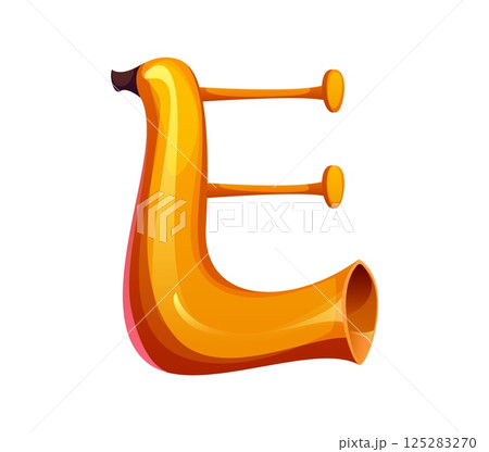 Cartoon musical font letter E resemble a brass trumpet, music instruments typeface, entertainment funny type, English alphabet symbol. Isolated vector musician brass equipment, playful typography 125283270