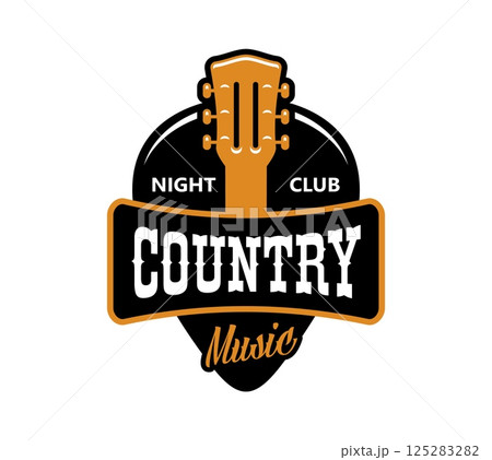 Country music night club or bar badge with guitar neck on pick, vector emblem. Country music sign for concert or musical band and Western nightclub, American saloon and recording studio label 125283282