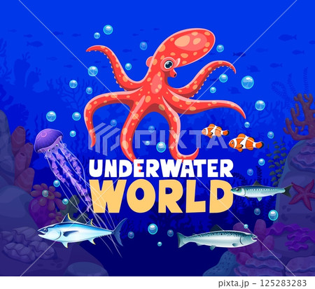 Save the Ocean banner with cartoon octopus, jellyfish and fishes, vector poster. Save the Ocean ecosystem and underwater environment protection or aquatic animals conservation and ecology banner 125283283