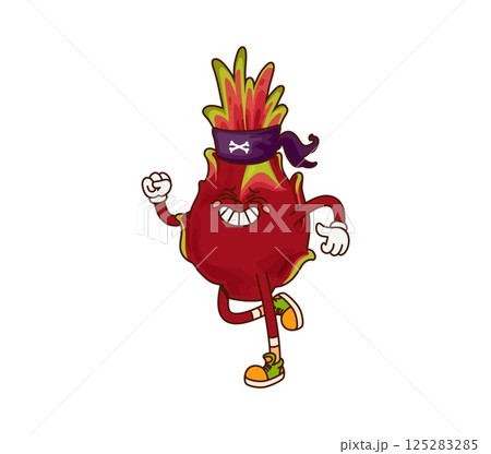 Groovy tropical dragon fruit pirate and corsair character wears bandana with crossbones, hippie sneakers and has a mischievous grin while striking a dynamic pose, embodying adventure and playfulness 125283285
