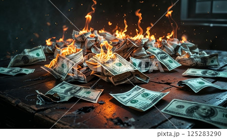 Burning money creates a surreal display of destruction and loss in dimly lit environment 125283290