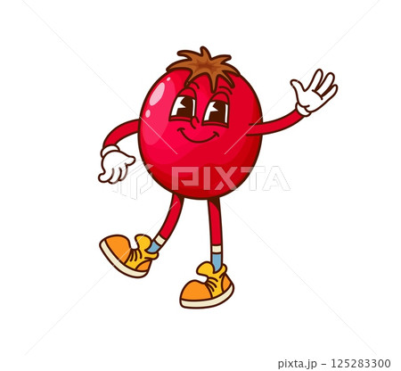 Cartoon groovy cranberry berry character happily waving and dancing. Isolated vector cool red berry fruit retro personage wearing retro hippie sneakers and exuding laid back funky y2k vintage vibes 125283300