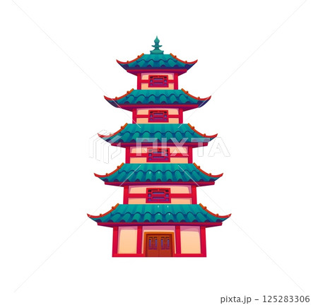 Cartoon Asian tower building. Traditional pagoda with multiple tiers, curved roofs and red accents. Isolated vector chinese or japanese temple, architecture of China or Japan religious shrine landmark 125283306