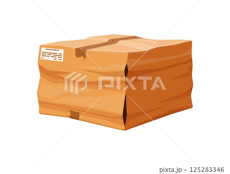 Damaged and crumpled cargo cardboard box cartoon. Damaged dirty paper box, ripped wet isolated vector cargo parcel. Destroyed crushed shipping package cartoon or broken crumpled delivery container 125283346