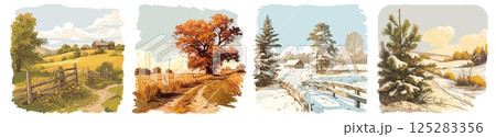 summer spring winter autumn. seasons landscape background set, season nature countryside village rural vintage painting vector illustration 125283356