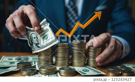 Businessman analyzing financial growth with cash and coins in a modern office setting 125283427