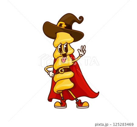 Cartoon groovy Halloween pasta character dressed as a magician or wizard. Isolated vector spiral noodle personage wears witch hat, red cape, belt and retro sneakers, embodying magical and festive vibe 125283469