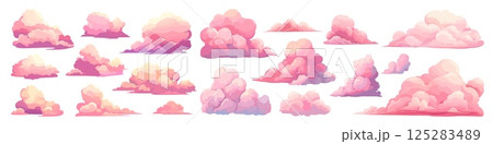 clouds set cartoon. pink cloud, steam smoke element sky nature weather rain vector illustration 125283489