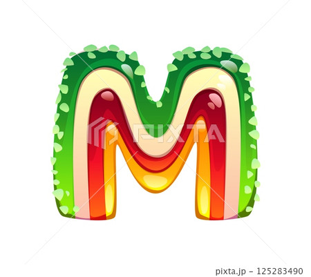 Gummy jelly candy font, cartoon sweet dessert type for confectionery, vector typeface. Bakery pastry and confectionery English alphabet or candy font letter M as marmalade caramel or gummi jelly Gummy jelly candy font, cartoon sweet dessert type for confectionery, vector typeface. Bakery pastry and confectionery English alphabet or candy font letter M as marmalade caramel or gummi jelly 125283490