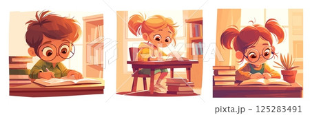 children reading cartoon set. kid with book at table background, schoolboy schoolgirl girl boy school education learning literature lessons warm vector illustration 125283491