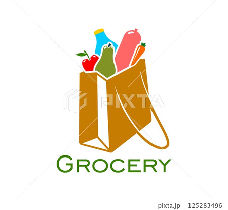 Grocery store icon of shopping bag with food products for market and supermarket, vector sign. Grocery store emblem with silhouette of shop bag with milk bottle, sausage or fruits and vegetables Grocery store icon of shopping bag with food products for market and supermarket, vector sign. Grocery store emblem with silhouette of shop bag with milk bottle, sausage or fruits and vegetables 125283496