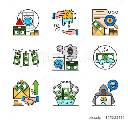 Color AML or anti money laundering icons of crime economic and finances, vector symbols. AML icons of financial fraud and corruption bribes and cyber scam for banking transparency and anti laundering 125283511