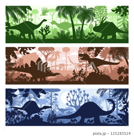 Prehistoric dinosaur silhouettes in tropical jungle forest, vector banners. Jurassic era dinosaur or T Rex tyrannosaurus with lizards and prehistoric reptiles silhouettes of dino animals in forest Prehistoric dinosaur silhouettes in tropical jungle forest, vector banners. Jurassic era dinosaur or T Rex tyrannosaurus with lizards and prehistoric reptiles silhouettes of dino animals in forest 125283524