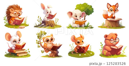 animals reading cartoon. cute hedgehog hare elephant fox mouse owl bear with book, glade grass stump summer childrens fairy tale school learning vector illustration 125283526