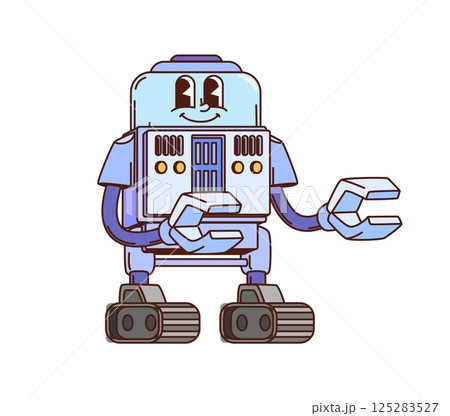 Cartoon groovy robot, retro droid or robotic transformer character, vector personage. Groovy robot with funny face and gripper mechanic hands, comic retro android or futuristic space cyborg character Cartoon groovy robot, retro droid or robotic transformer character, vector personage. Groovy robot with funny face and gripper mechanic hands, comic retro android or futuristic space cyborg character 125283527