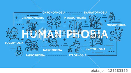 Human phobia, mental health and psychology problems in line icons, vector poster. Phobia types and mental disorders with panic of psychological fears as chronophobia or cremnophobia and pyrophobia Human phobia, mental health and psychology problems in line icons, vector poster. Phobia types and mental disorders with panic of psychological fears as chronophobia or cremnophobia and pyrophobia 125283536