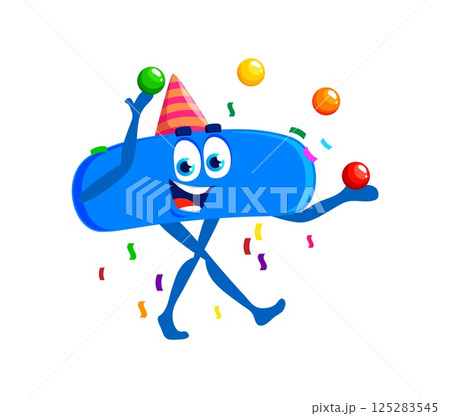 Cartoon math minus symbol character birthday holiday celebration. Vector blue subtraction sign personage wearing a party hat and juggling balls, embodies fun learning, and games for kids education 125283545