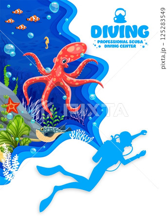 Diving sport banner, papercut underwater landscape with diver and octopus, vector background. Professional divers school or scuba diving center poster with paper cut sea or ocean fishes, seahorses 125283549