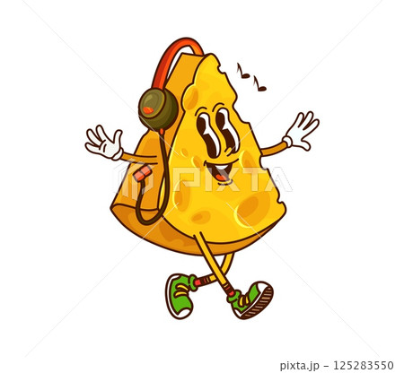 Cheese groovy funny character listening music. Edam hard cheese piece funny mascot, emmental milk product vintage groovy vector character. Cheddar dairy food cartoon cute character wearing headphones 125283550
