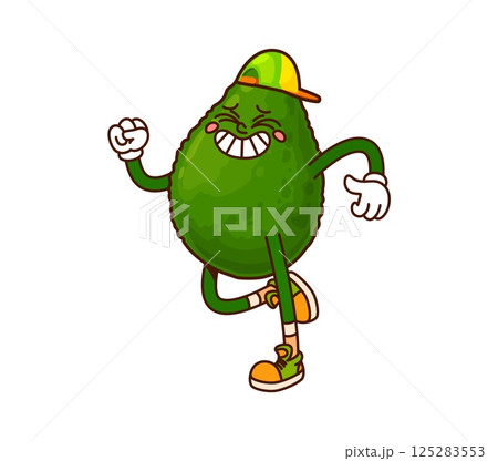 Running avocado groovy cute character wearing cap. Organic avocado retro cheerful mascot, tropical fruit vintage cartoon vector cute personage. Vegan food 60s 70s groovy happy character doing fitness 125283553
