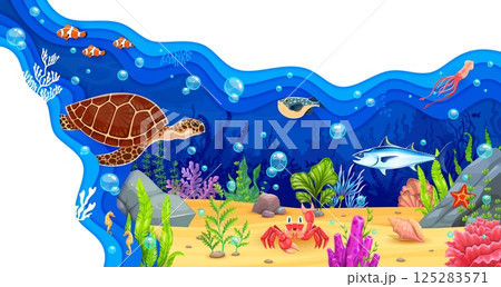 Underwater landscape paper cut banner with funny sea turtle, tuna, squid and fish shoals. Cartoon sea animals characters on coral reef bottom underwater landscape with vector 3d paper cut borders 125283571