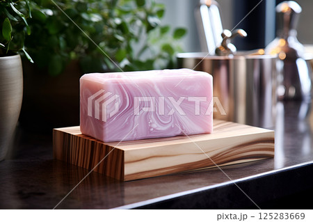 homemade pink bar natural bio soap on wood on background of modern bathroom and potted plants 125283669