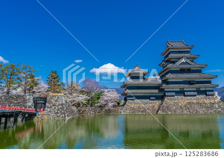 長野県松本市　春の青空に映える松本城天守閣 125283686