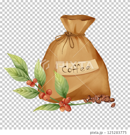 Illustration of a coffee sack, fresh coffee branch, and beans. Hand-drawn. Perfect for coffee-themed decor. 125283775