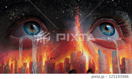 A baby's crying eyes look up against a backdrop of city buildings 125283986